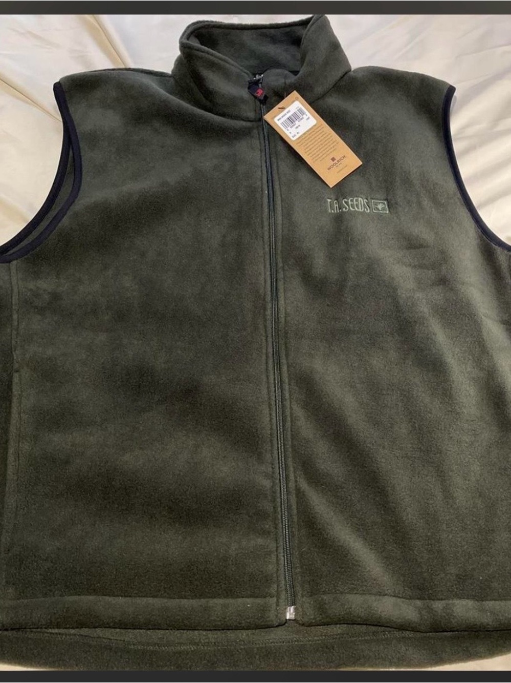 Woolrich Olive Green Fleece Vest with Navy Trim
